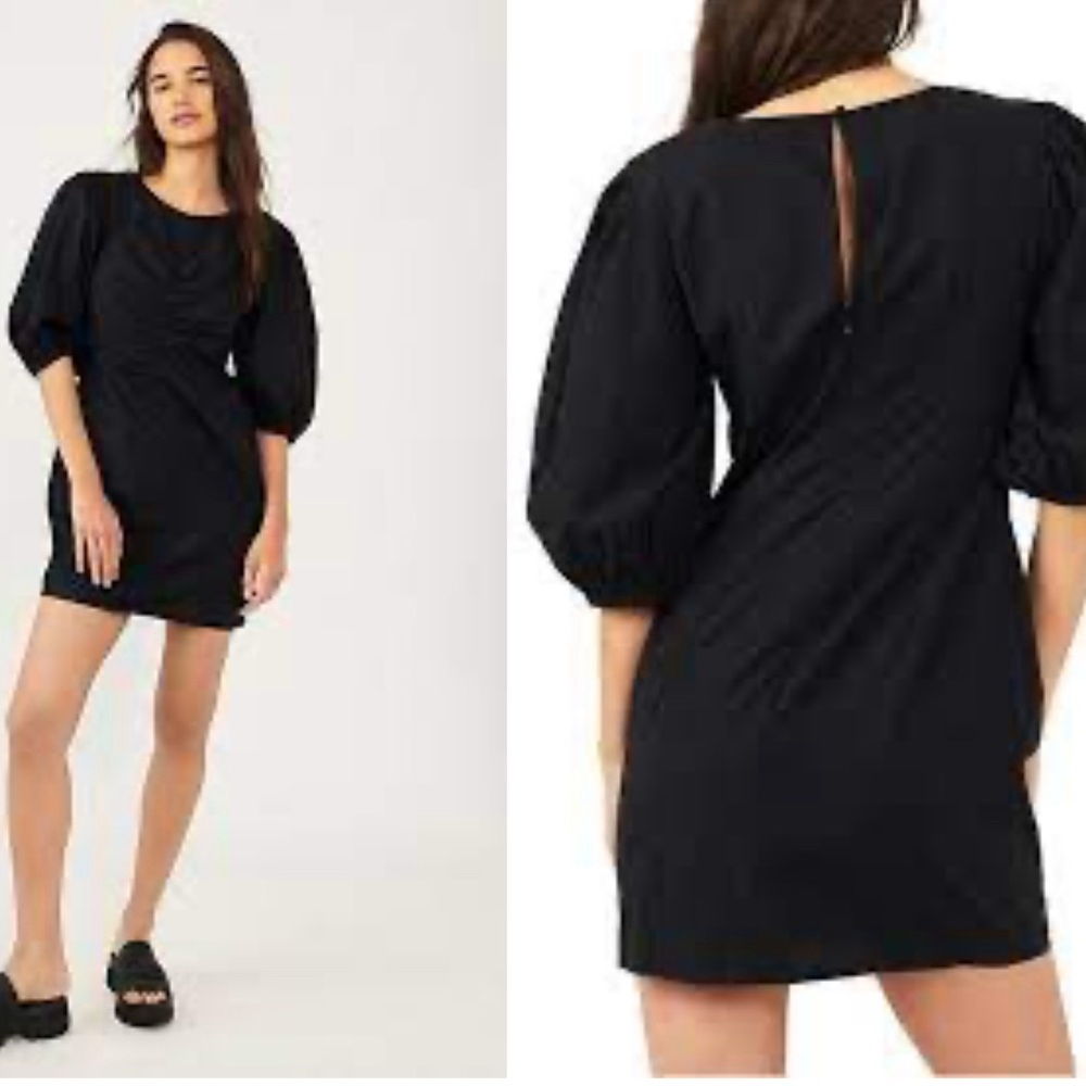 Free People Hope Puff Sleeve Cotton Mini Dress In Black Size Large NWT